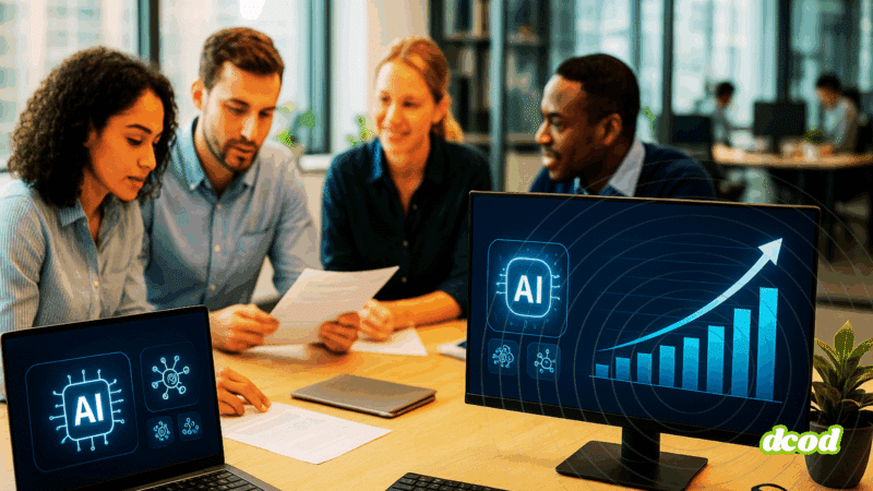 Quatre professionnels en réunion autour d’une table dans un bureau moderne, analysant des documents et des données affichées sur des écrans montrant des graphiques de croissance liés à l’intelligence artificielle (IA).