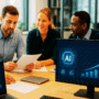 Quatre professionnels en réunion autour d’une table dans un bureau moderne, analysant des documents et des données affichées sur des écrans montrant des graphiques de croissance liés à l’intelligence artificielle (IA).
