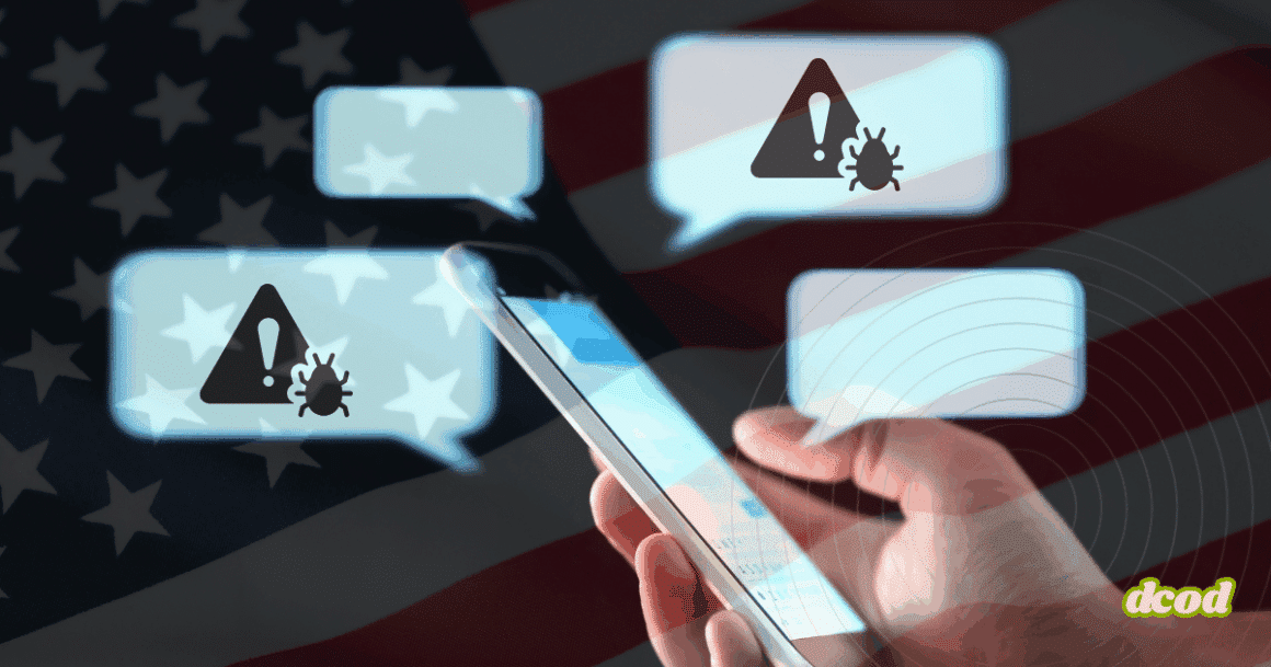 Main tenant un smartphone avec des bulles de conversation contenant des icônes d’alerte et de virus, sur fond de drapeau des États-Unis, illustrant les cyberattaques ou campagnes de désinformation via messagerie mobile.