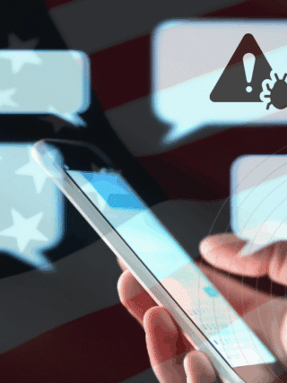 Arnaques SMS aux USA : plus de 1 milliard $ volés par des gangs chinois 38 Main tenant un smartphone avec des bulles de conversation contenant des icônes d’alerte et de virus, sur fond de drapeau des États-Unis, illustrant les cyberattaques ou campagnes de désinformation via messagerie mobile.