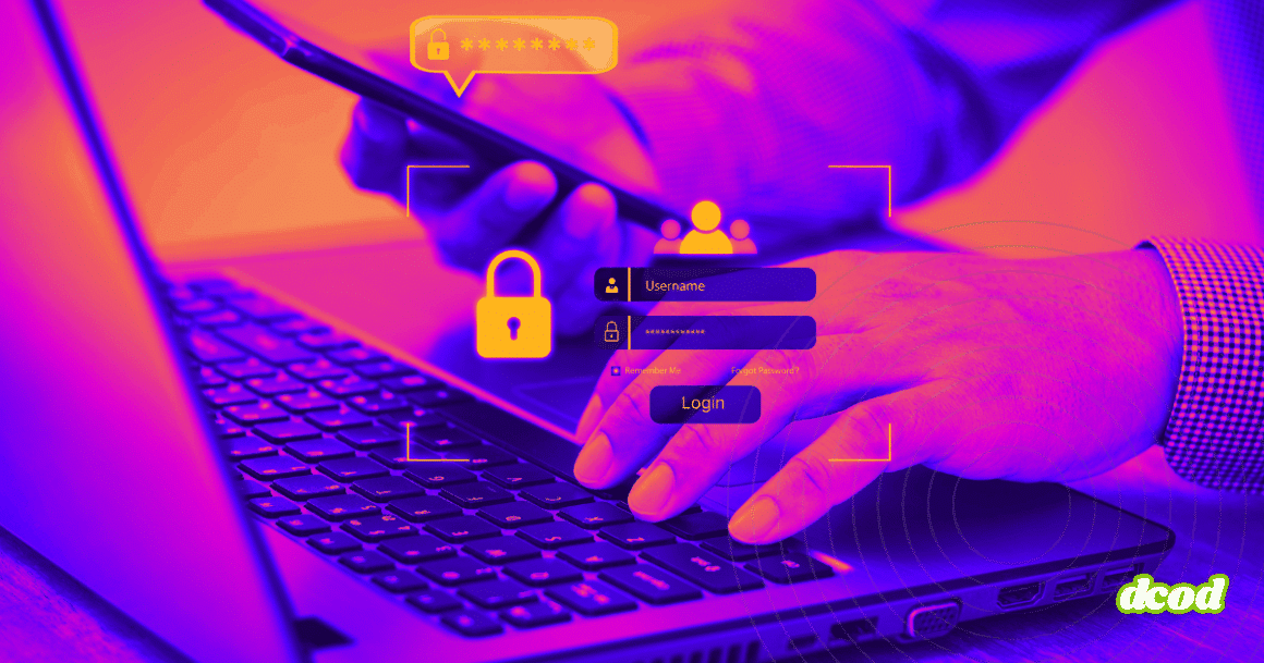 Image stylisée en violet et orange montrant une personne saisissant ses identifiants sur un ordinateur portable tout en tenant un smartphone, avec des icônes de cadenas et de formulaire de connexion superposées, illustrant la sécurité de l’authentification numérique.