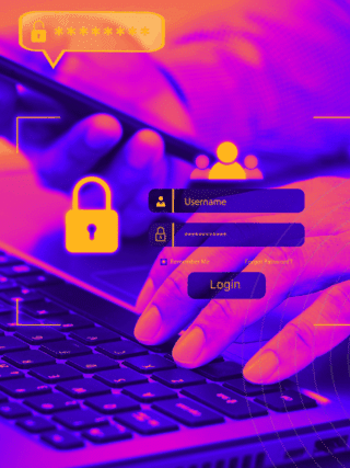 Attaques OAuth : comment les applications cloud deviennent des portes dérobées 20 Image stylisée en violet et orange montrant une personne saisissant ses identifiants sur un ordinateur portable tout en tenant un smartphone, avec des icônes de cadenas et de formulaire de connexion superposées, illustrant la sécurité de l’authentification numérique.