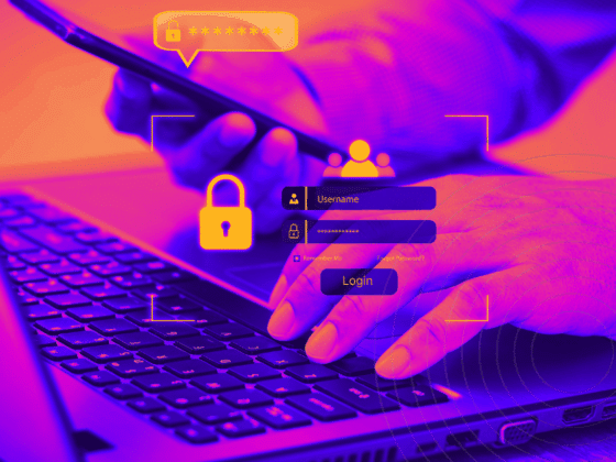 Image stylisée en violet et orange montrant une personne saisissant ses identifiants sur un ordinateur portable tout en tenant un smartphone, avec des icônes de cadenas et de formulaire de connexion superposées, illustrant la sécurité de l’authentification numérique.