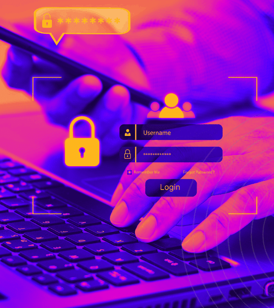 Attaques OAuth : comment les applications cloud deviennent des portes dérobées 6 Image stylisée en violet et orange montrant une personne saisissant ses identifiants sur un ordinateur portable tout en tenant un smartphone, avec des icônes de cadenas et de formulaire de connexion superposées, illustrant la sécurité de l’authentification numérique.