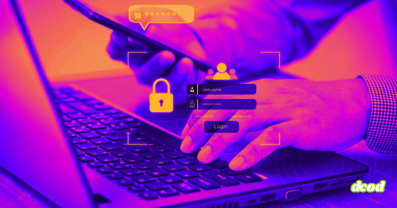 Attaques OAuth : comment les applications cloud deviennent des portes dérobées 10 Image stylisée en violet et orange montrant une personne saisissant ses identifiants sur un ordinateur portable tout en tenant un smartphone, avec des icônes de cadenas et de formulaire de connexion superposées, illustrant la sécurité de l’authentification numérique.