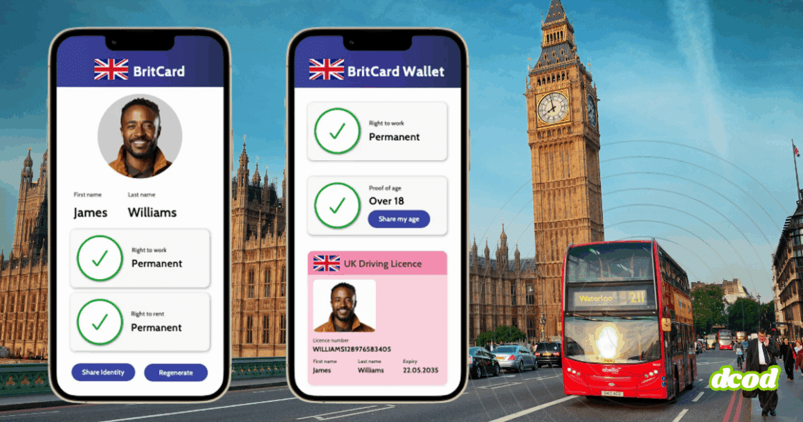 Application BritCard affichant une identité numérique britannique devant Big Ben