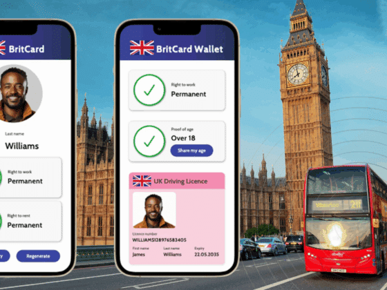 Application BritCard affichant une identité numérique britannique devant Big Ben