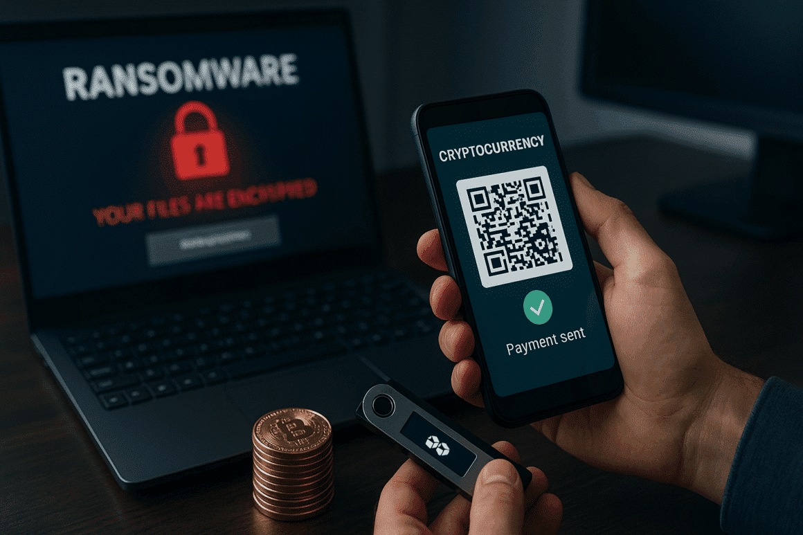 Smartphone scannant un QR code pour payer une rançon en cryptomonnaie
