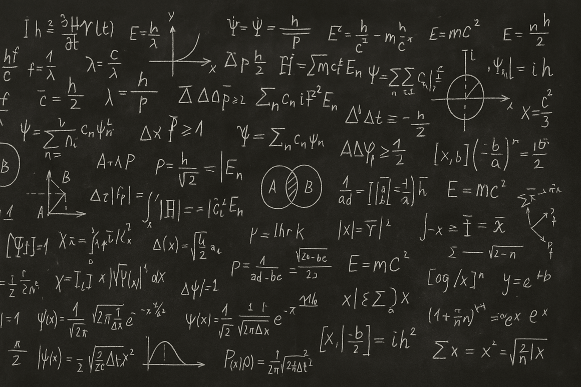 Tableau noir couvert de formules de physique quantique écrites à la craie