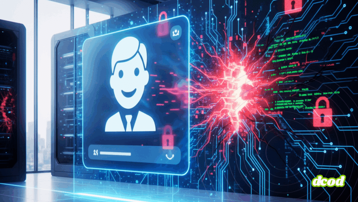 Interface de chatbot flottant devant une salle de serveurs futuriste, avec des circuits imprimés lumineux en rouge symbolisant une brèche de sécurité et des cadenas numériques ouverts.