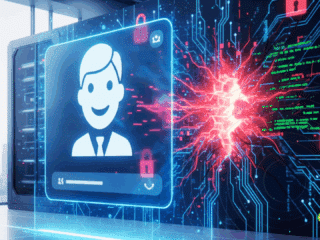 Interface de chatbot flottant devant une salle de serveurs futuriste, avec des circuits imprimés lumineux en rouge symbolisant une brèche de sécurité et des cadenas numériques ouverts.
