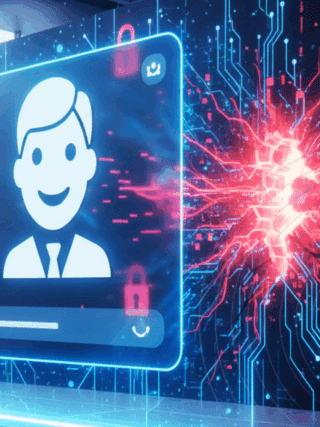 Interface de chatbot flottant devant une salle de serveurs futuriste, avec des circuits imprimés lumineux en rouge symbolisant une brèche de sécurité et des cadenas numériques ouverts.