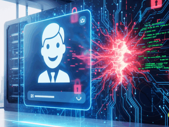Interface de chatbot flottant devant une salle de serveurs futuriste, avec des circuits imprimés lumineux en rouge symbolisant une brèche de sécurité et des cadenas numériques ouverts.
