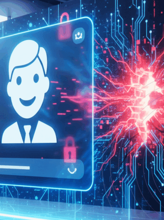 Interface de chatbot flottant devant une salle de serveurs futuriste, avec des circuits imprimés lumineux en rouge symbolisant une brèche de sécurité et des cadenas numériques ouverts.