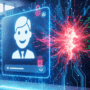 Interface de chatbot flottant devant une salle de serveurs futuriste, avec des circuits imprimés lumineux en rouge symbolisant une brèche de sécurité et des cadenas numériques ouverts.