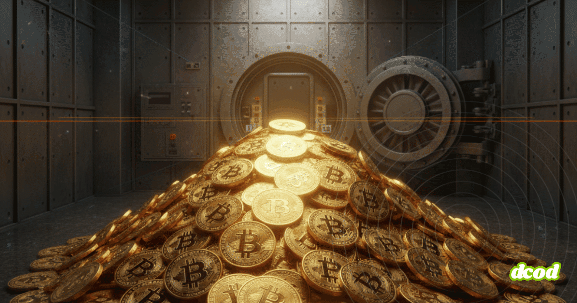 Image hyper-réaliste d'une énorme pile de Bitcoins dorés, symbolisant 15 milliards de dollars, éclairée dans une chambre forte bancaire à la porte massive, évoquant la richesse numérique.