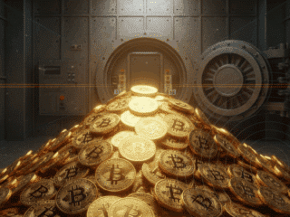États-Unis : saisie record de 15 milliards $ en bitcoins 39 Image hyper-réaliste d'une énorme pile de Bitcoins dorés, symbolisant 15 milliards de dollars, éclairée dans une chambre forte bancaire à la porte massive, évoquant la richesse numérique.