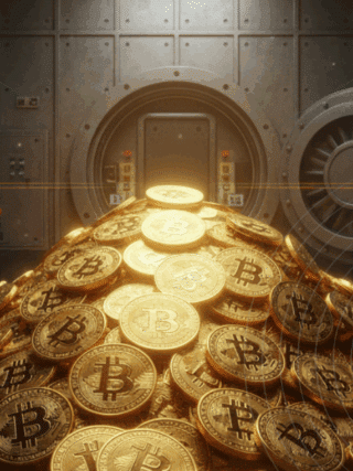 Image hyper-réaliste d'une énorme pile de Bitcoins dorés, symbolisant 15 milliards de dollars, éclairée dans une chambre forte bancaire à la porte massive, évoquant la richesse numérique.