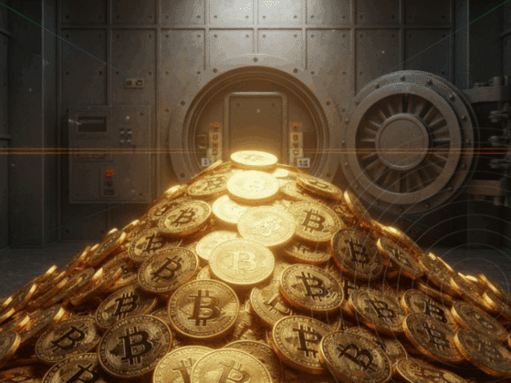 Image hyper-réaliste d'une énorme pile de Bitcoins dorés, symbolisant 15 milliards de dollars, éclairée dans une chambre forte bancaire à la porte massive, évoquant la richesse numérique.