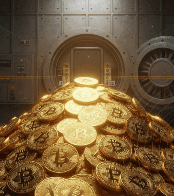 Image hyper-réaliste d'une énorme pile de Bitcoins dorés, symbolisant 15 milliards de dollars, éclairée dans une chambre forte bancaire à la porte massive, évoquant la richesse numérique.
