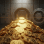 Image hyper-réaliste d'une énorme pile de Bitcoins dorés, symbolisant 15 milliards de dollars, éclairée dans une chambre forte bancaire à la porte massive, évoquant la richesse numérique.