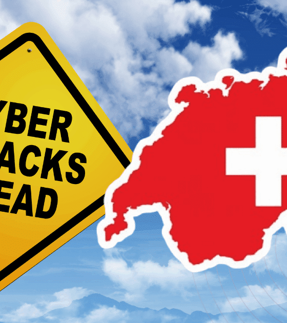 Cyberattaques : la Suisse monte au neuvième rang européen des pays les plus ciblés 6 Panneau jaune de signalisation indiquant « Cyber Attacks Ahead » à côté d'une carte rouge de la Suisse avec une croix blanche, sur fond de ciel nuageux, symbolisant les alertes face aux cybermenaces dans le pays.