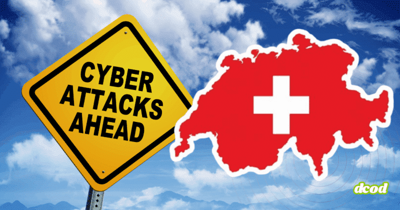 Panneau jaune de signalisation indiquant « Cyber Attacks Ahead » à côté d'une carte rouge de la Suisse avec une croix blanche, sur fond de ciel nuageux, symbolisant les alertes face aux cybermenaces dans le pays.