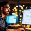 Homme barbu portant des lunettes, concentré devant un grand écran affichant des graphiques et des tableaux de données, dans un bureau faiblement éclairé avec des lumières en arrière-plan. L’image illustre le travail nocturne d’un analyste en cybersécurité ou en data science. Logo « dcod » en bas à droite.