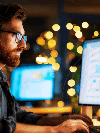Homme barbu portant des lunettes, concentré devant un grand écran affichant des graphiques et des tableaux de données, dans un bureau faiblement éclairé avec des lumières en arrière-plan. L’image illustre le travail nocturne d’un analyste en cybersécurité ou en data science. Logo « dcod » en bas à droite.