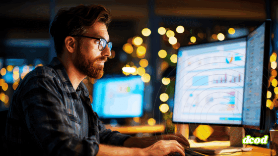 Homme barbu portant des lunettes, concentré devant un grand écran affichant des graphiques et des tableaux de données, dans un bureau faiblement éclairé avec des lumières en arrière-plan. L’image illustre le travail nocturne d’un analyste en cybersécurité ou en data science. Logo « dcod » en bas à droite.