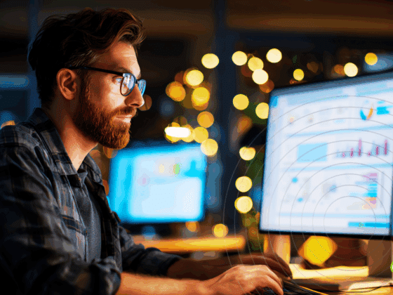 Homme barbu portant des lunettes, concentré devant un grand écran affichant des graphiques et des tableaux de données, dans un bureau faiblement éclairé avec des lumières en arrière-plan. L’image illustre le travail nocturne d’un analyste en cybersécurité ou en data science. Logo « dcod » en bas à droite.