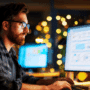 Homme barbu portant des lunettes, concentré devant un grand écran affichant des graphiques et des tableaux de données, dans un bureau faiblement éclairé avec des lumières en arrière-plan. L’image illustre le travail nocturne d’un analyste en cybersécurité ou en data science. Logo « dcod » en bas à droite.