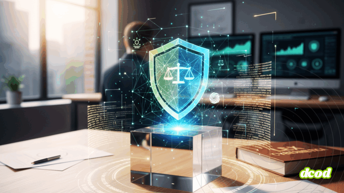 Image illustrant un bureau moderne avec, au premier plan, un hologramme de bouclier affichant une balance de la justice, symbolisant la protection juridique dans le domaine numérique. À l’arrière-plan, un livre intitulé « Lex Cyber » et des écrans affichant des données de cybersécurité. Logo « dcod » en bas à droite.