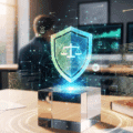 Image illustrant un bureau moderne avec, au premier plan, un hologramme de bouclier affichant une balance de la justice, symbolisant la protection juridique dans le domaine numérique. À l’arrière-plan, un livre intitulé « Lex Cyber » et des écrans affichant des données de cybersécurité. Logo « dcod » en bas à droite.