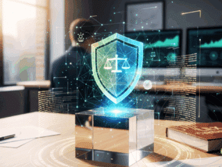 Image illustrant un bureau moderne avec, au premier plan, un hologramme de bouclier affichant une balance de la justice, symbolisant la protection juridique dans le domaine numérique. À l’arrière-plan, un livre intitulé « Lex Cyber » et des écrans affichant des données de cybersécurité. Logo « dcod » en bas à droite.