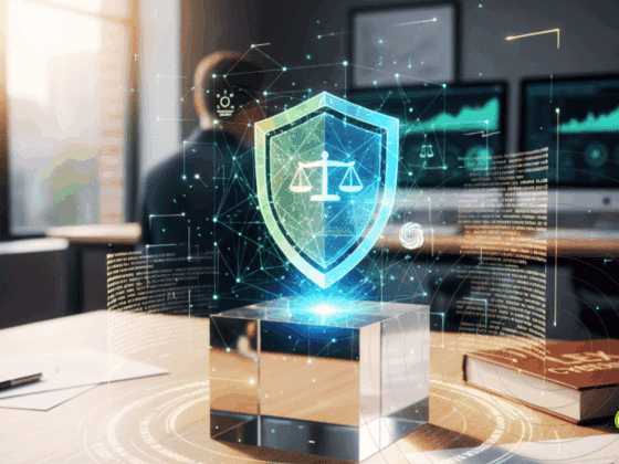 Image illustrant un bureau moderne avec, au premier plan, un hologramme de bouclier affichant une balance de la justice, symbolisant la protection juridique dans le domaine numérique. À l’arrière-plan, un livre intitulé « Lex Cyber » et des écrans affichant des données de cybersécurité. Logo « dcod » en bas à droite.