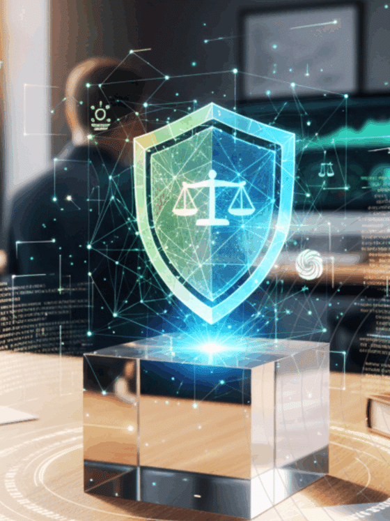 Image illustrant un bureau moderne avec, au premier plan, un hologramme de bouclier affichant une balance de la justice, symbolisant la protection juridique dans le domaine numérique. À l’arrière-plan, un livre intitulé « Lex Cyber » et des écrans affichant des données de cybersécurité. Logo « dcod » en bas à droite.