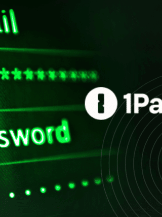 Écran d’ordinateur affichant un formulaire de connexion avec les champs e-mail et mot de passe masqué par des astérisques, illustrant l’importance de la cybersécurité et de la gestion des identifiants. Le logo du gestionnaire de mots de passe 1Password est visible à droite, avec le logo « dcod » en bas à droite.