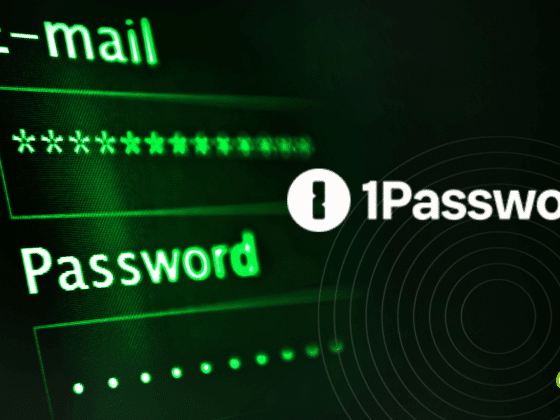Écran d’ordinateur affichant un formulaire de connexion avec les champs e-mail et mot de passe masqué par des astérisques, illustrant l’importance de la cybersécurité et de la gestion des identifiants. Le logo du gestionnaire de mots de passe 1Password est visible à droite, avec le logo « dcod » en bas à droite.