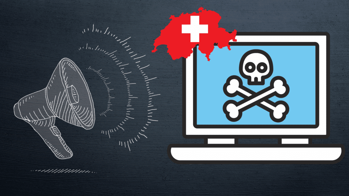 Illustration représentant une alerte de cybersécurité avec un mégaphone blanc, un ordinateur affichant une icône de danger (crâne et os croisés), et une carte rouge de la Suisse avec une croix blanche, symbolisant une menace informatique ciblant le territoire suisse.