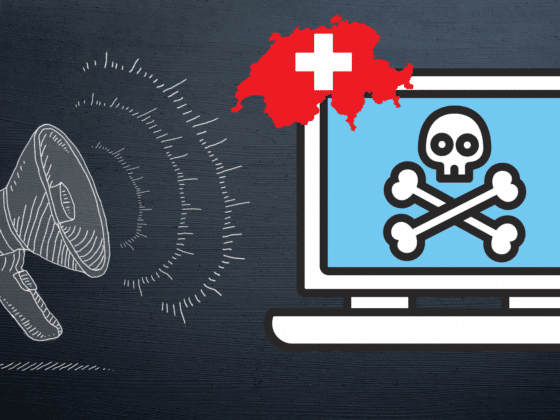 Illustration représentant une alerte de cybersécurité avec un mégaphone blanc, un ordinateur affichant une icône de danger (crâne et os croisés), et une carte rouge de la Suisse avec une croix blanche, symbolisant une menace informatique ciblant le territoire suisse.