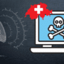 Illustration représentant une alerte de cybersécurité avec un mégaphone blanc, un ordinateur affichant une icône de danger (crâne et os croisés), et une carte rouge de la Suisse avec une croix blanche, symbolisant une menace informatique ciblant le territoire suisse.