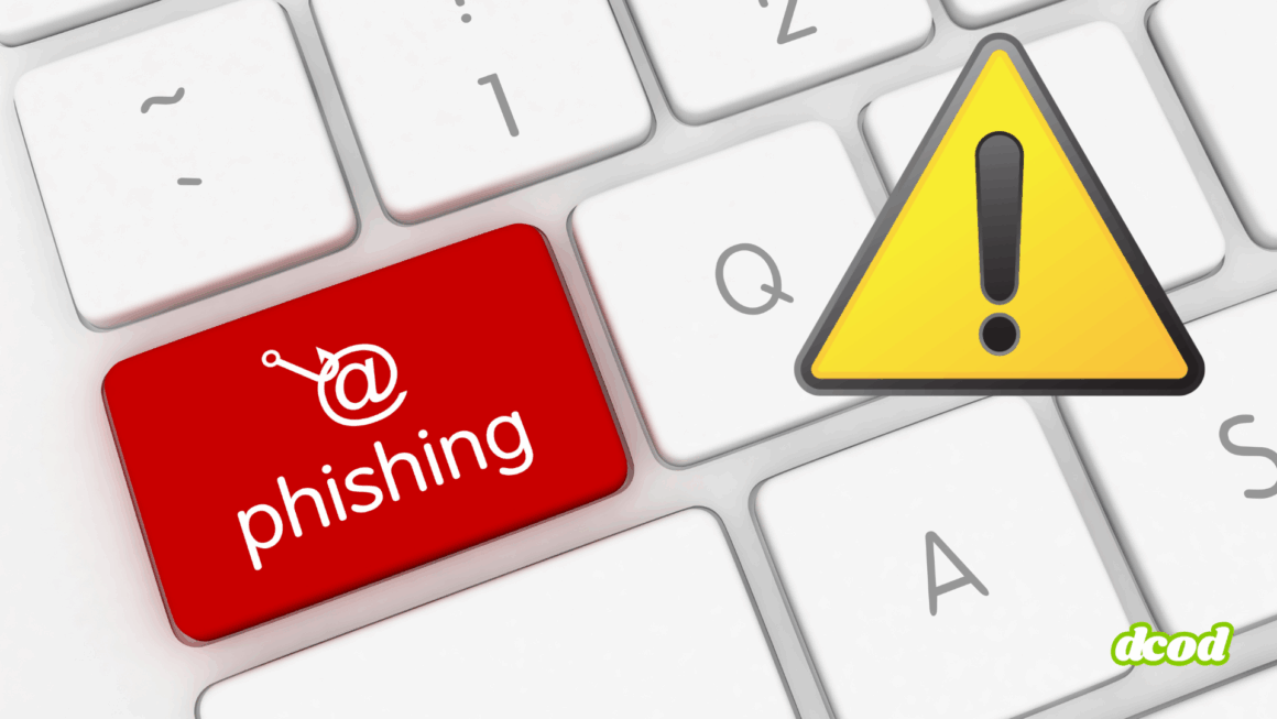 Clavier d’ordinateur avec une touche rouge marquée "phishing" accompagnée d’un symbole d’alerte jaune, illustrant le danger des attaques de hameçonnage par email.