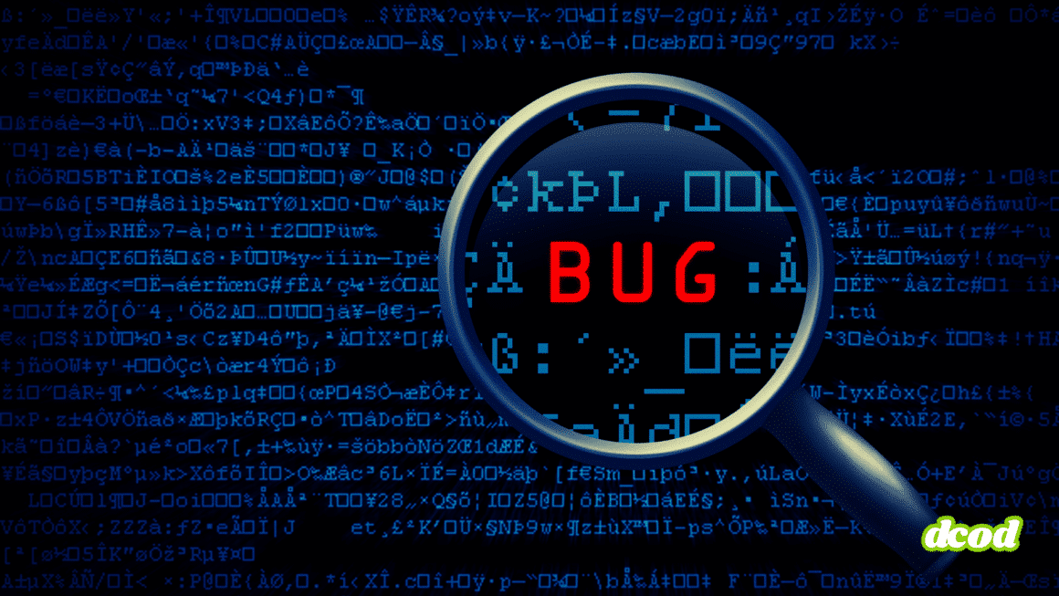 Illustration d’un fond de code informatique en caractères bleus, avec une loupe mettant en évidence le mot « BUG » en rouge au centre, symbolisant la recherche et la correction d’erreurs logicielles. Logo « dcod » visible en bas à droite.