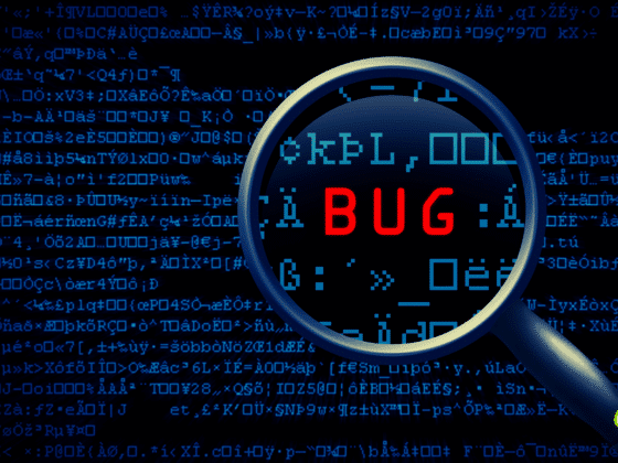 Illustration d’un fond de code informatique en caractères bleus, avec une loupe mettant en évidence le mot « BUG » en rouge au centre, symbolisant la recherche et la correction d’erreurs logicielles. Logo « dcod » visible en bas à droite.