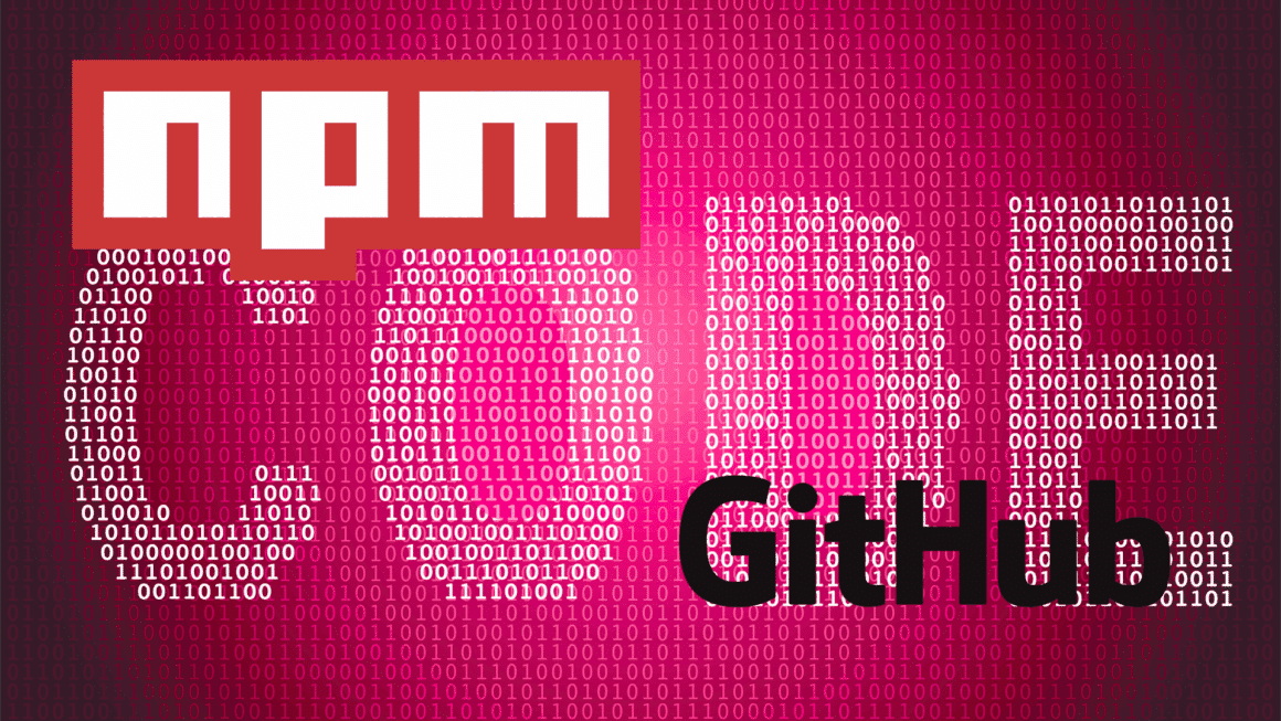 Image représentant le mot "CODE" formé par du code binaire blanc sur fond rose, avec les logos de npm et GitHub superposés, illustrant les outils clés du développement open source.