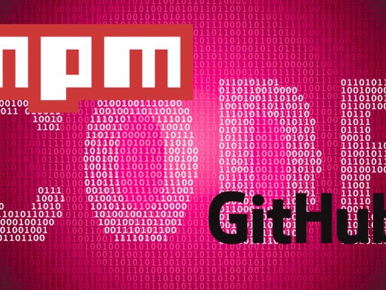 Image représentant le mot "CODE" formé par du code binaire blanc sur fond rose, avec les logos de npm et GitHub superposés, illustrant les outils clés du développement open source.