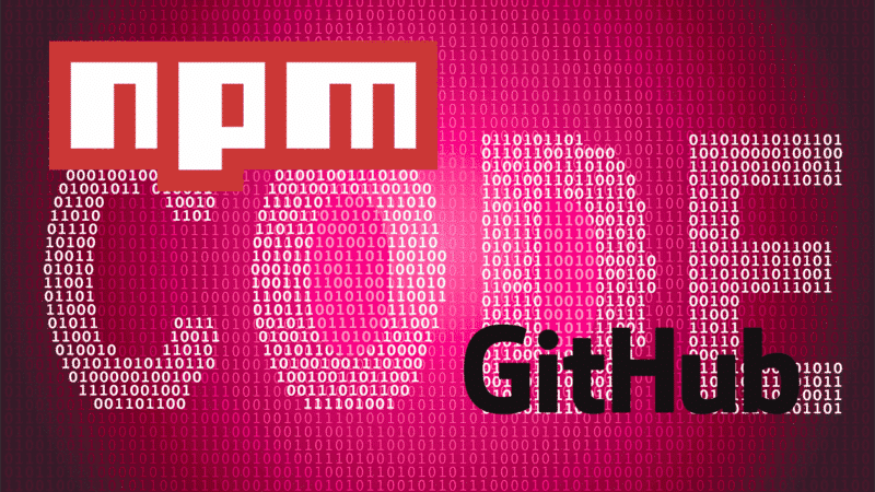 Image représentant le mot "CODE" formé par du code binaire blanc sur fond rose, avec les logos de npm et GitHub superposés, illustrant les outils clés du développement open source.