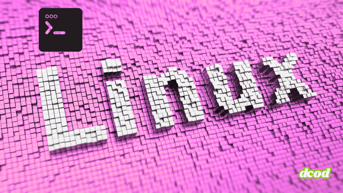 Mot "Linux" en lettres blanches 3D composées de petits cubes sur un fond rose pixelisé, avec une icône de terminal en haut à gauche et le logo "dcod" en bas à droite.