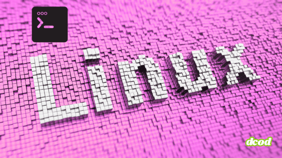 Mot "Linux" en lettres blanches 3D composées de petits cubes sur un fond rose pixelisé, avec une icône de terminal en haut à gauche et le logo "dcod" en bas à droite.
